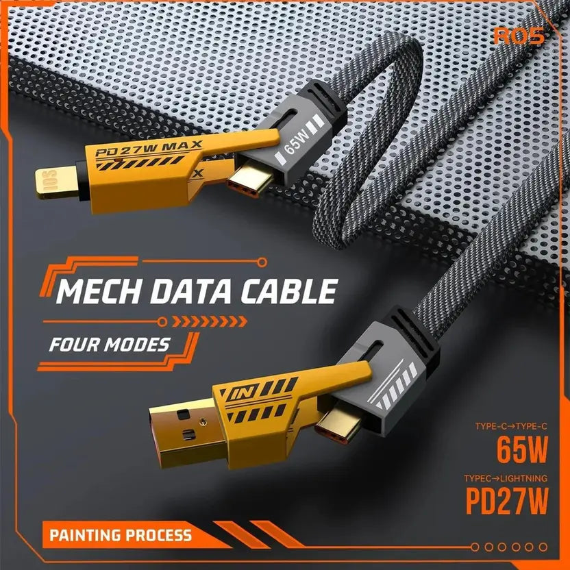Mechanical data cable with gold connectors on a dark background