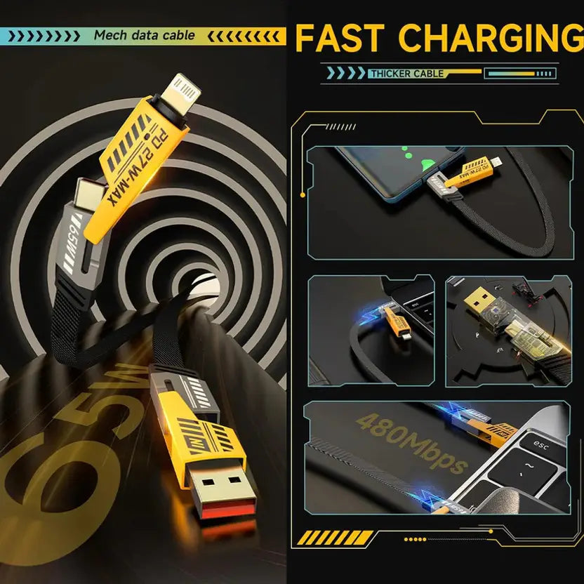 Mechanical data cable with fast charging features on a dark background