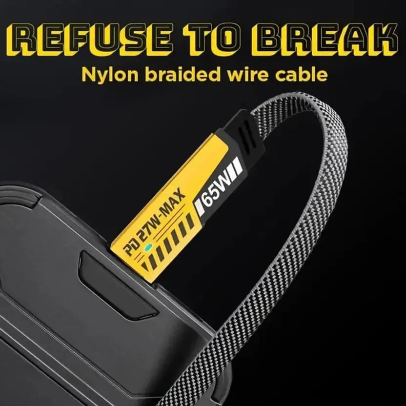 Nylon braided wire cable with a black and yellow label on a black background