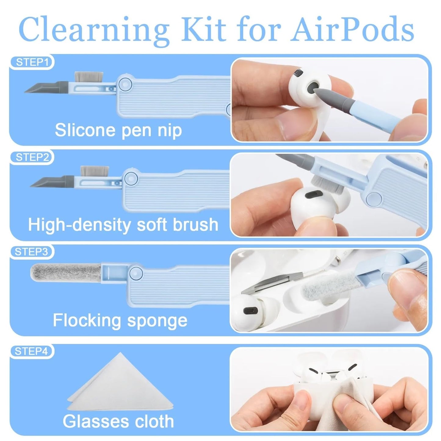 Clearing kit for AirPods with step-by-step instructions and tools on a blue background