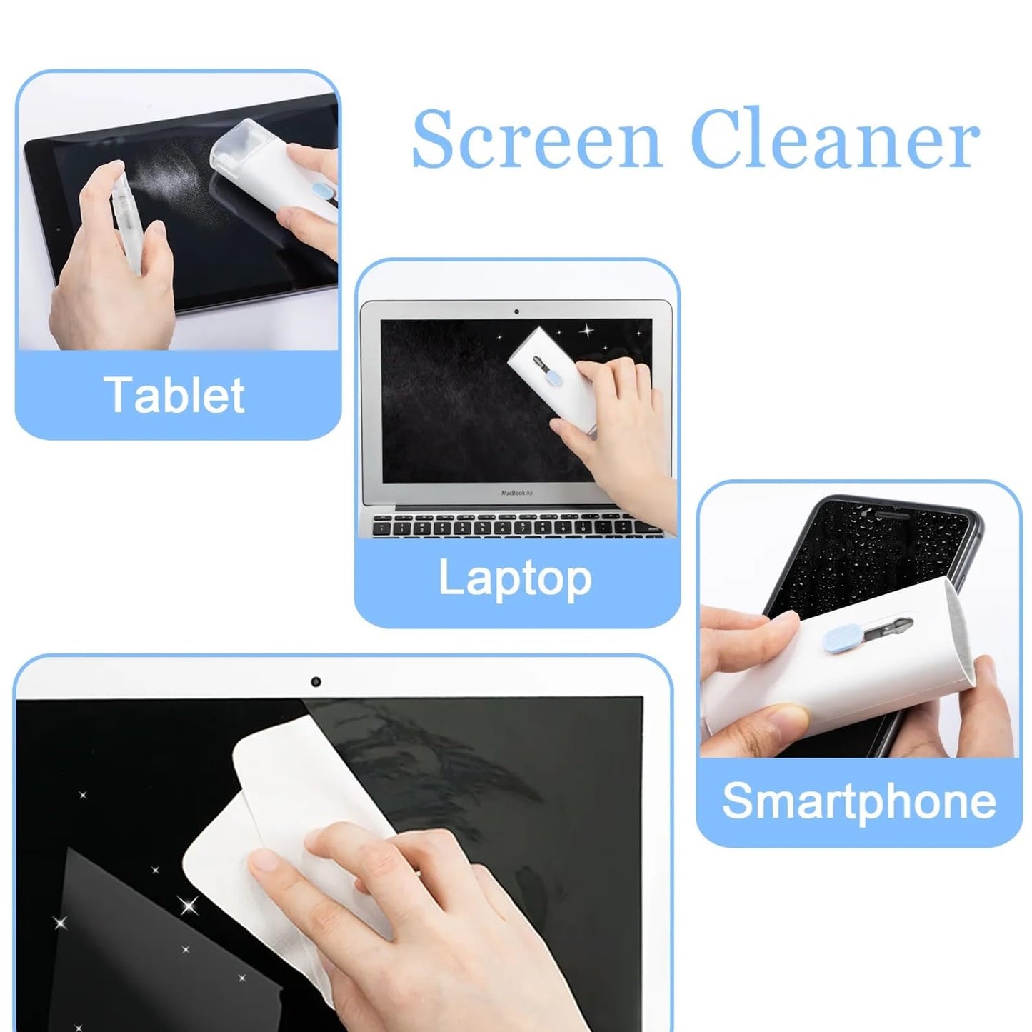 Screen cleaner being used on a tablet, laptop, and smartphone.