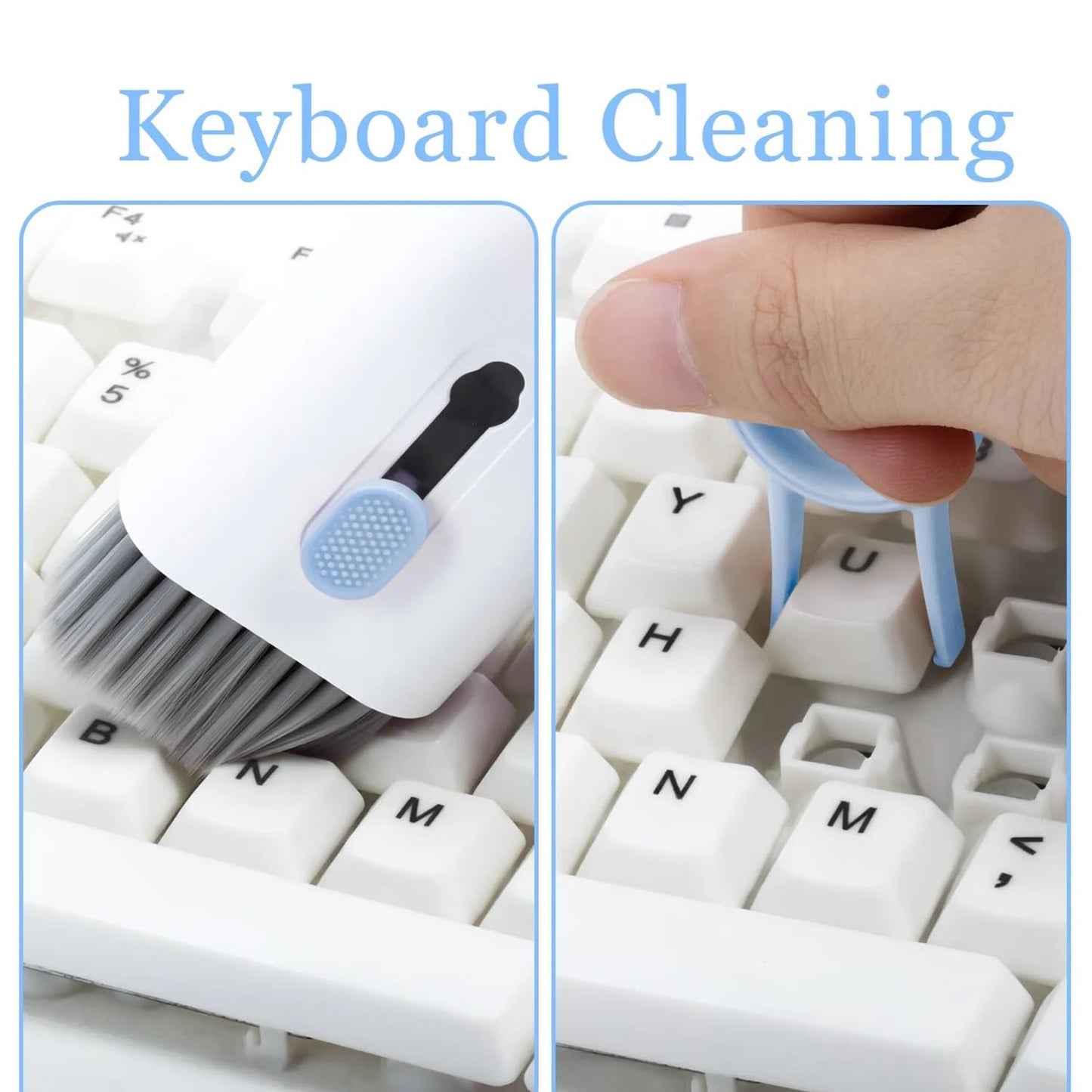 Keyboard cleaning tool with brush and scrubber on a keyboard, with text 'Keyboard Cleaning'.
