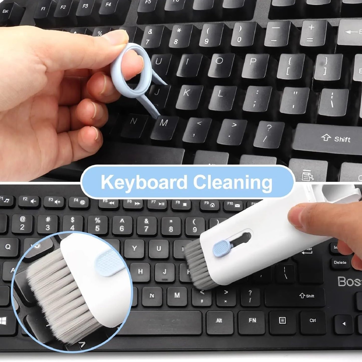 Keyboard cleaning tool being used on a black keyboard with a close-up of the brush.