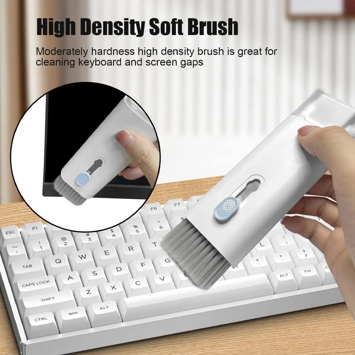 White high density soft brush cleaning a keyboard with text describing its use.
