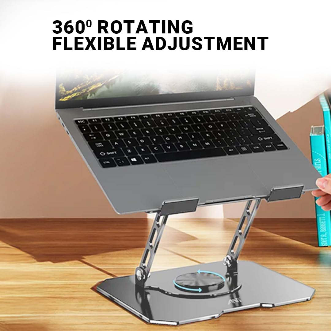 Laptop on a stand with '360° Rotating Flexible Adjustment' text