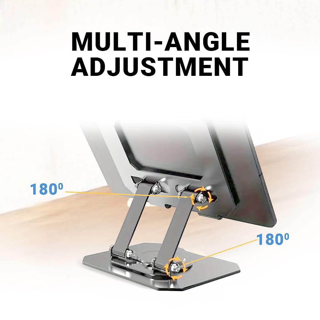 Multi-angle adjustment feature of a stand with a tablet on a white background