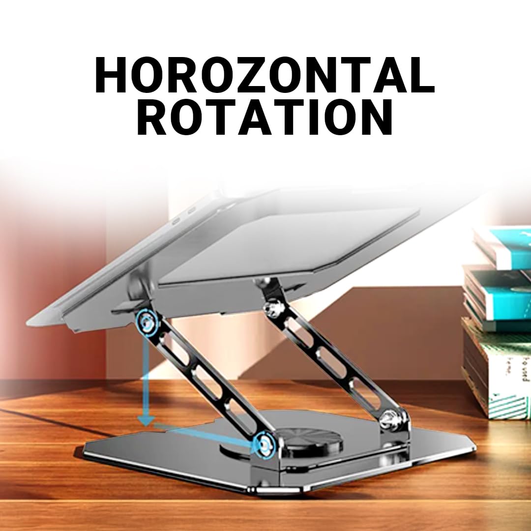 Laptop stand with horizontal rotation feature on a wooden surface