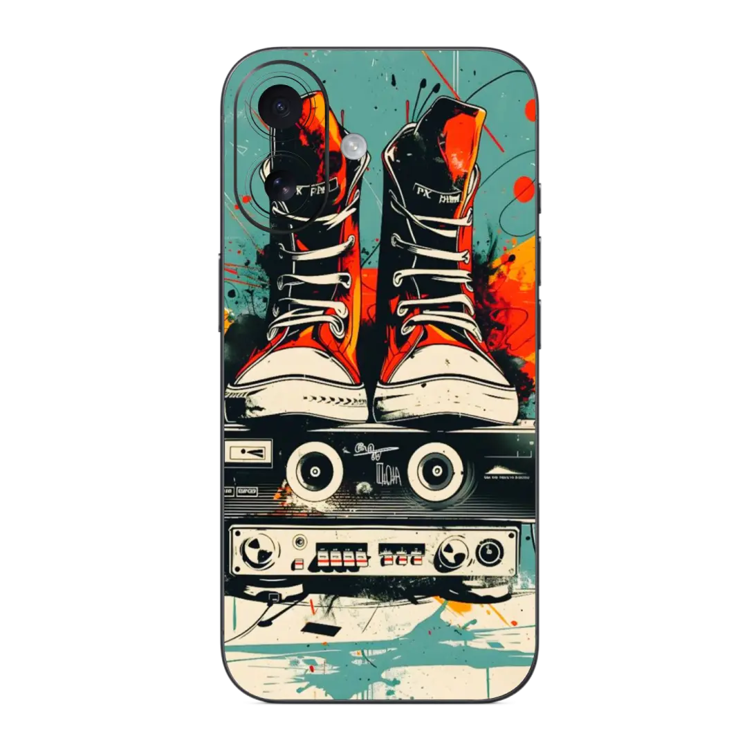 Boots on Stereo Mobile Skin Wrap with high-top sneakers, cassette tape, and abstract design on a colorful background