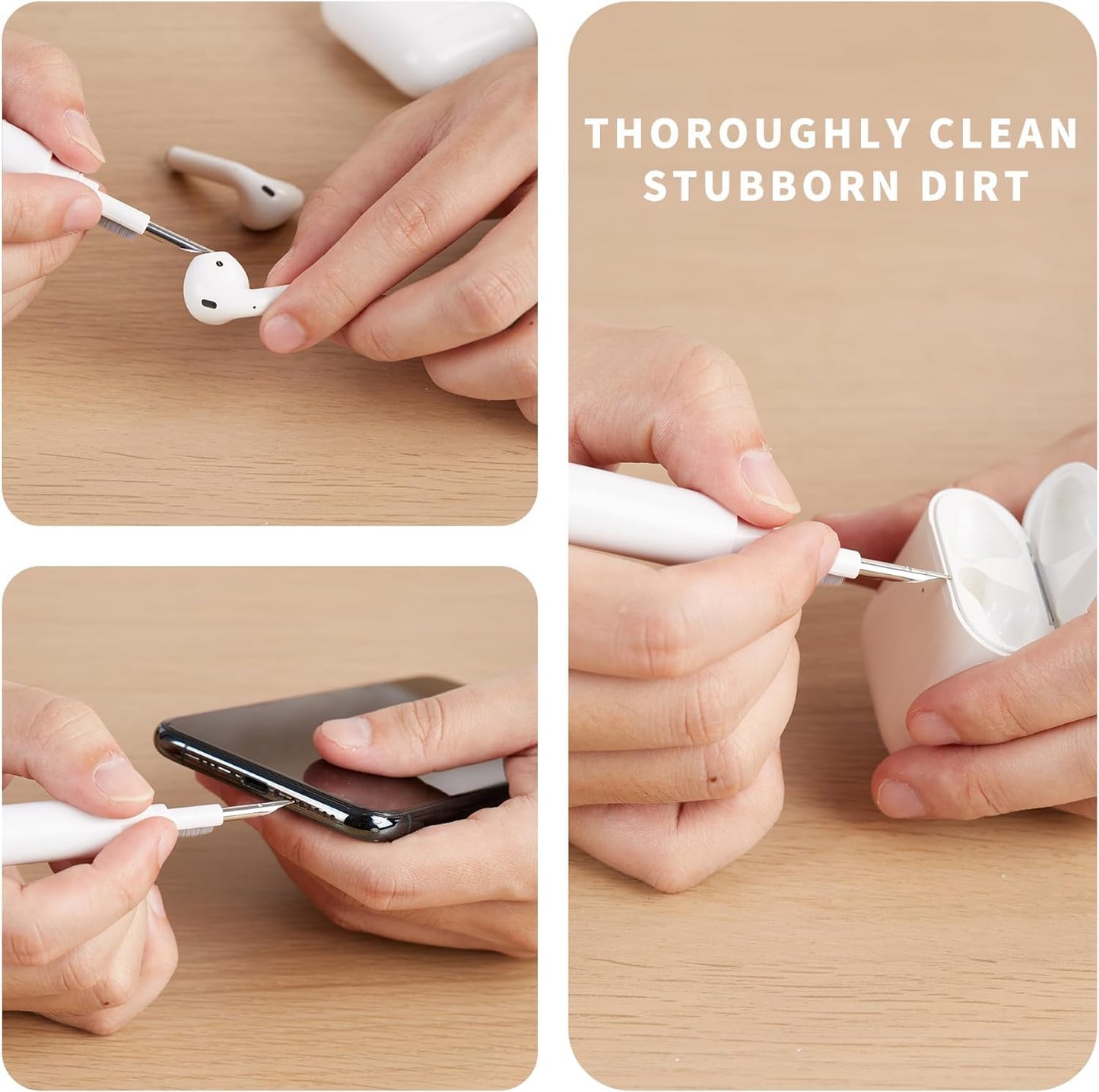 Steps to clean earbuds with a small brush on a wooden surface.