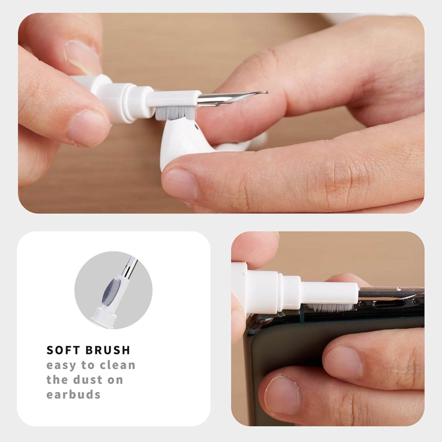 Hands using a soft brush to clean earbuds with close-up details.