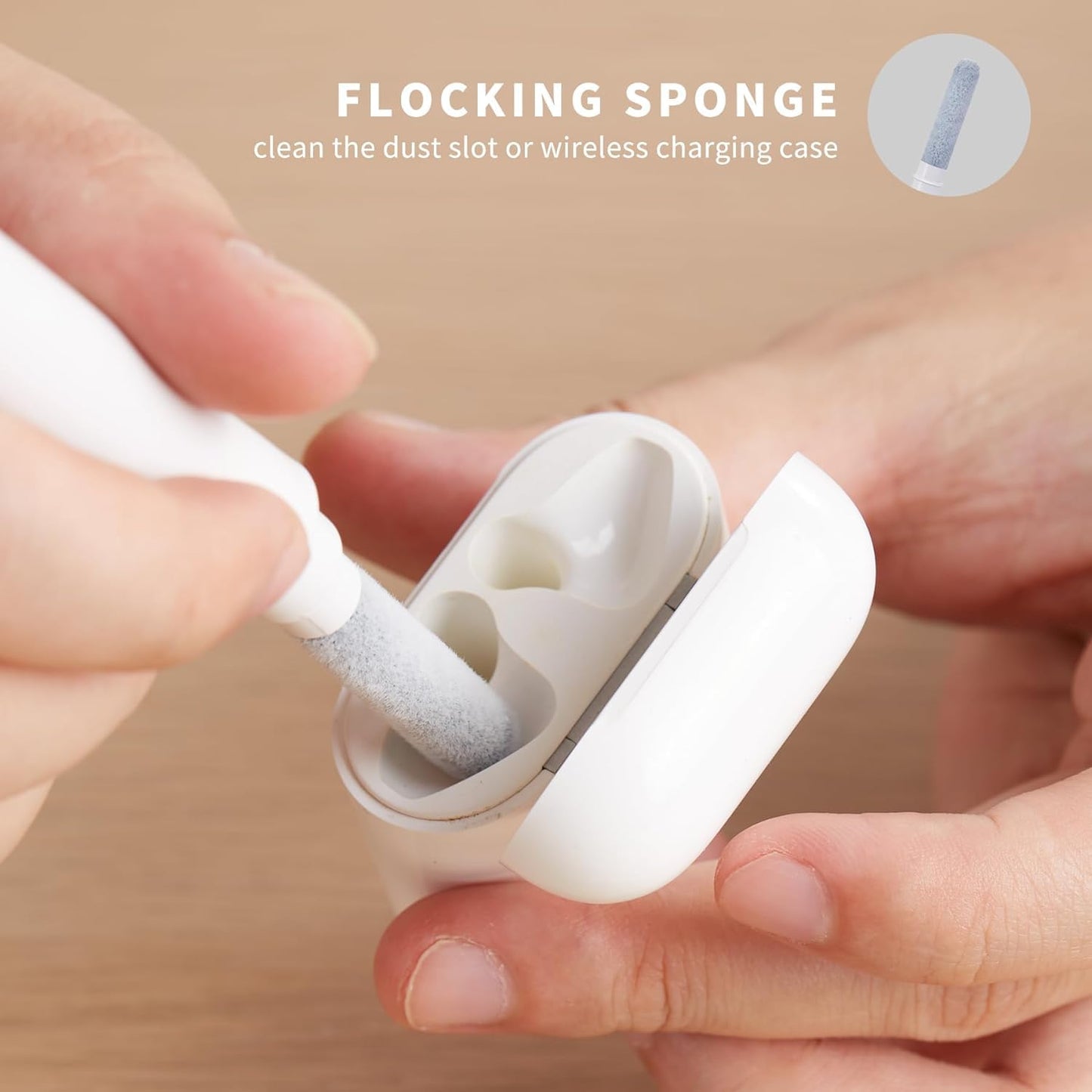 Cleaning Pen being used to clean a wireless charging case with text on a beige background
