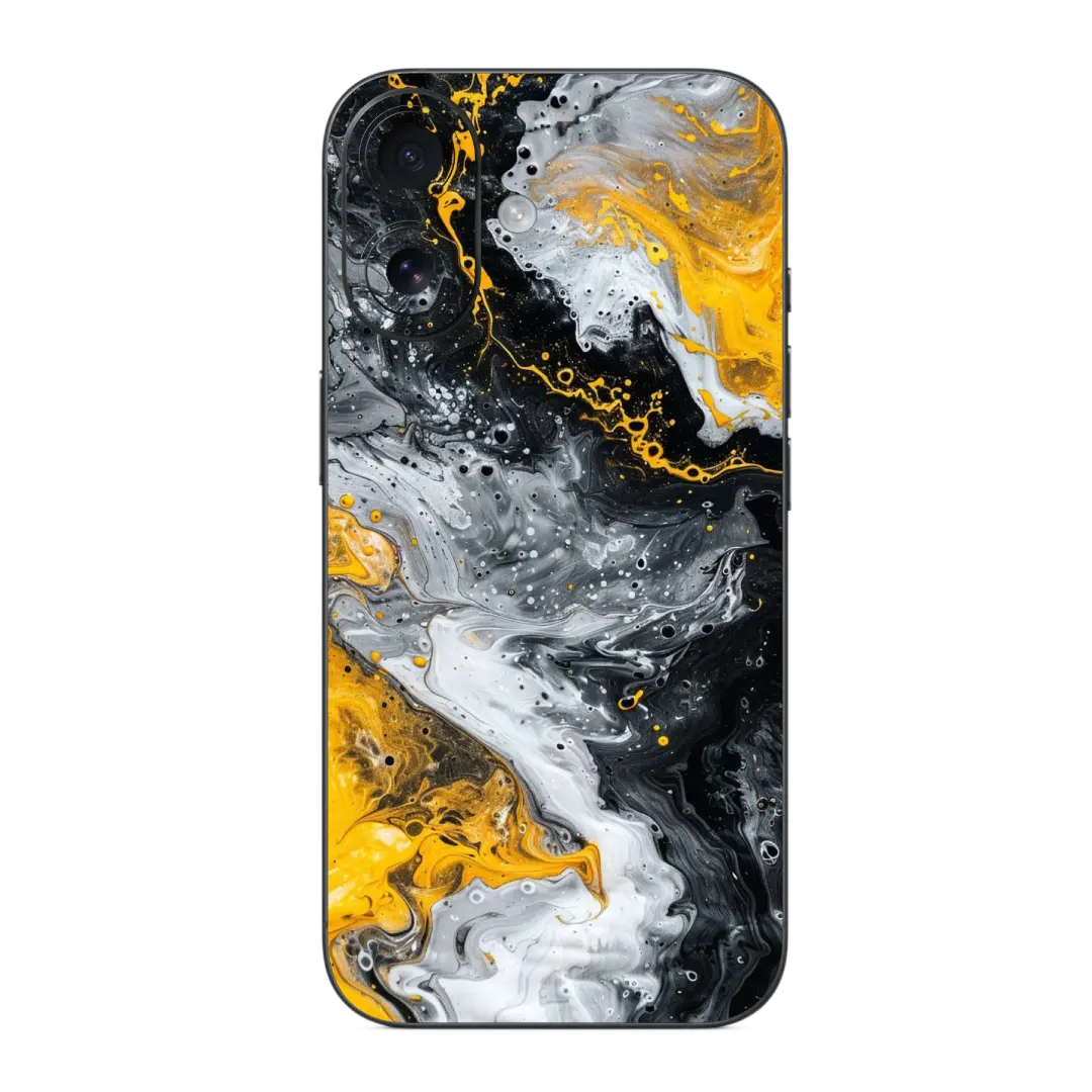 Fluid Art Mobile Skin Wrap with abstract design of black, yellow, and white colors on a white background