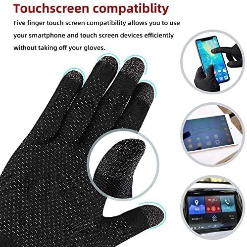 Black touchscreen gloves with text highlighting compatibility with smartphones and touch screen devices.