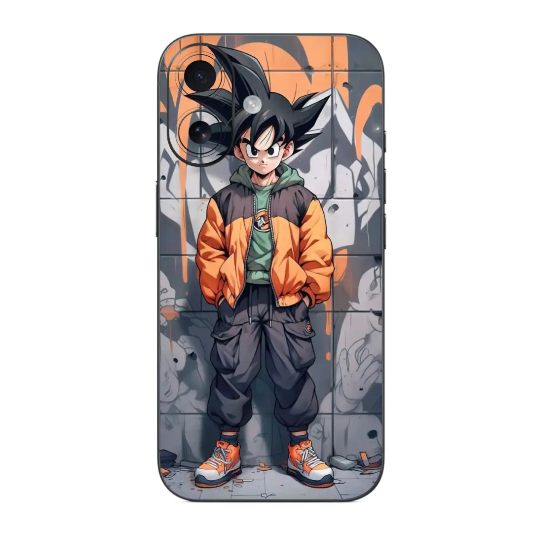 Goku Mobile Skin Wrap with an animated character in an orange jacket on a gray background