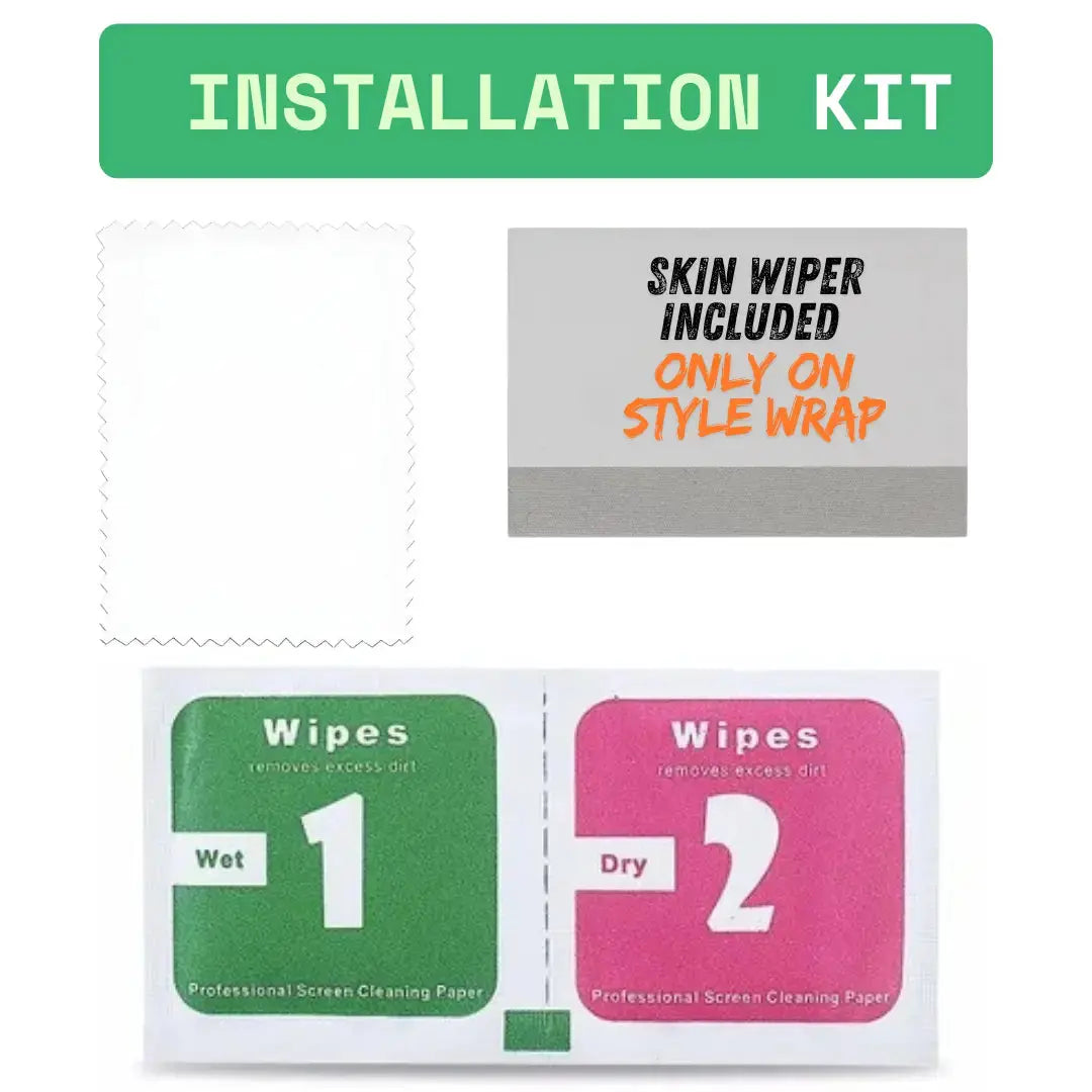 Installation kit with wipes and skin wiper included on a white background for Transparent Mobile Skin Wrap - (Installation Kit Included)