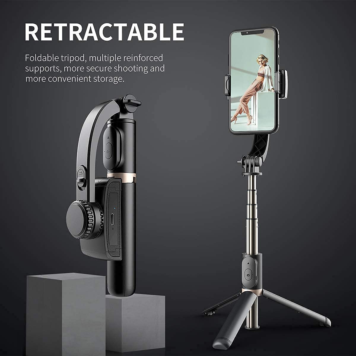 Retractable phone holder with tripod on a dark background
