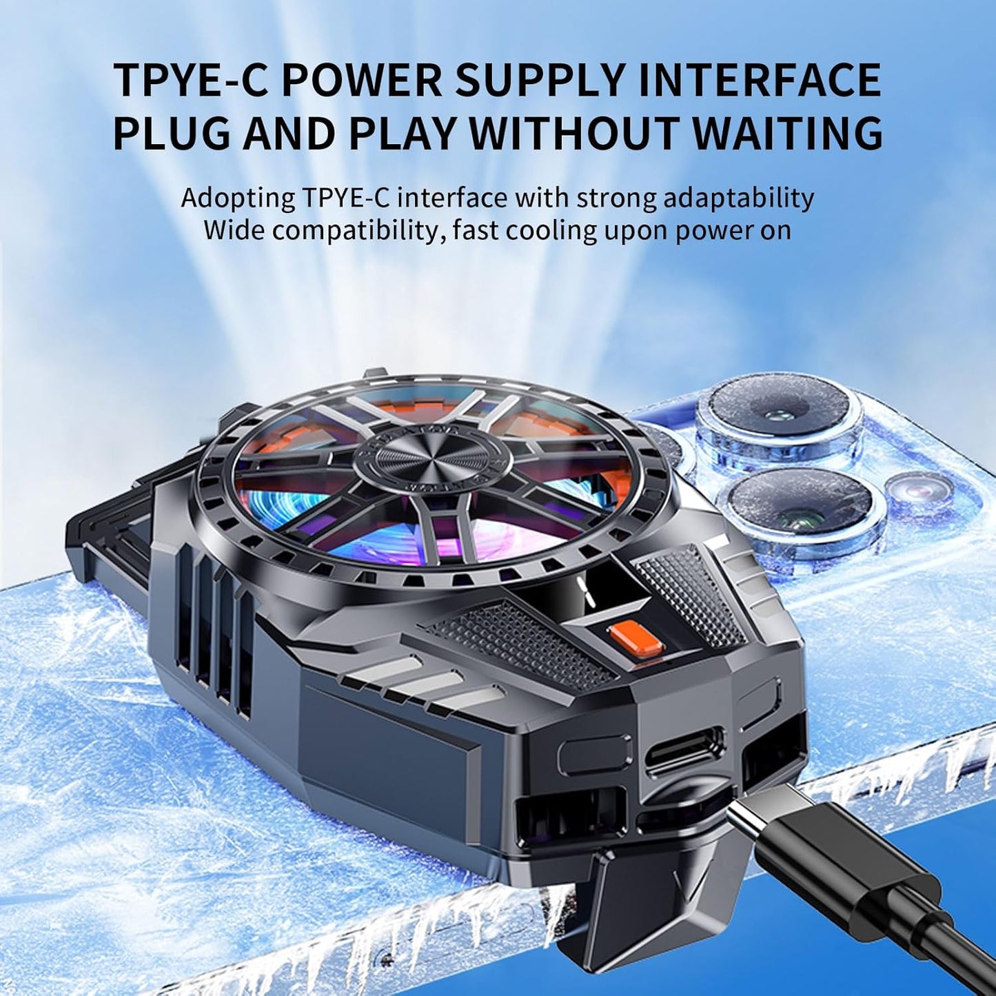 Computer cooling fan with TPYE-C power supply interface on a blue gradient background