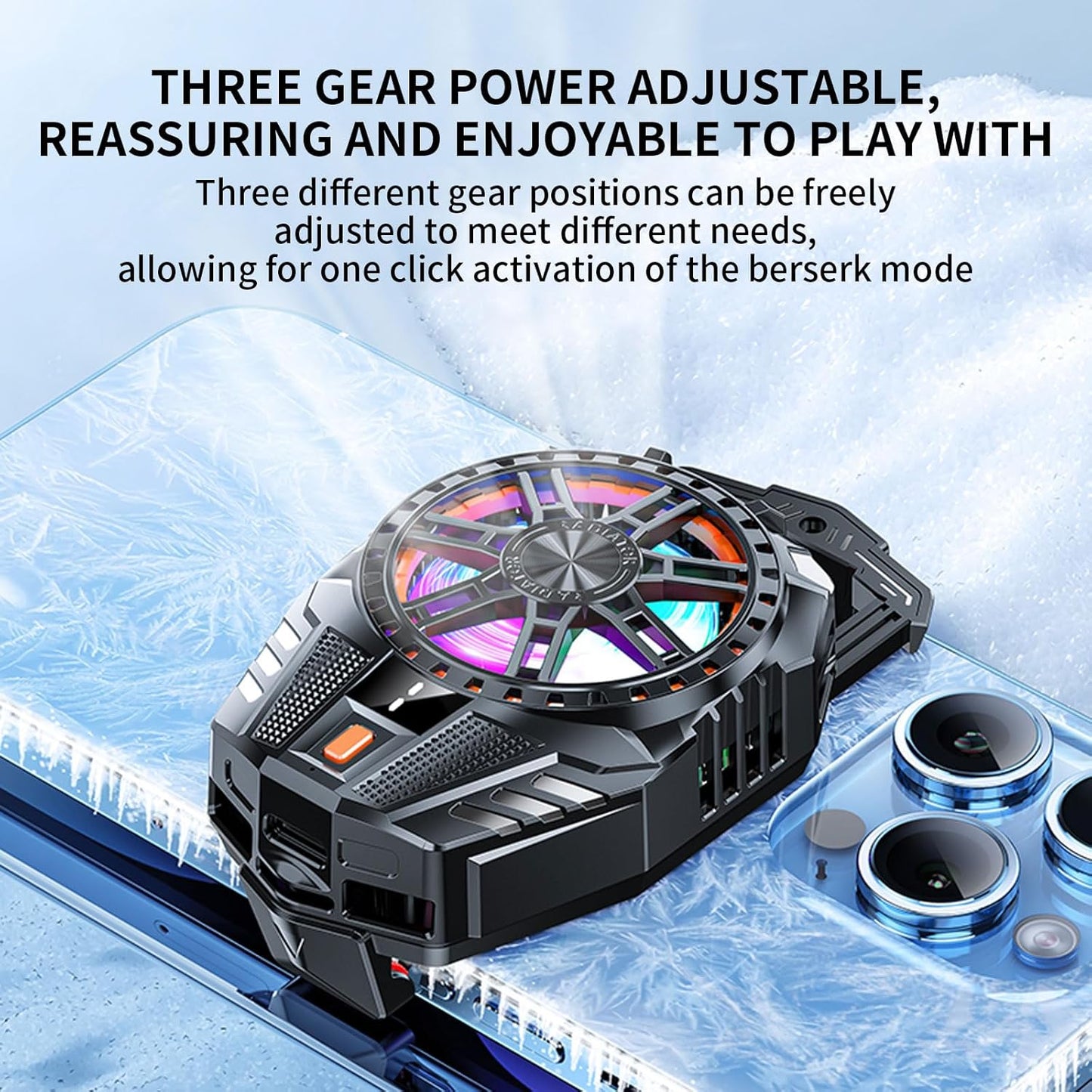 Mobile Cooling Pad with colorful LED lights on a blue icy background