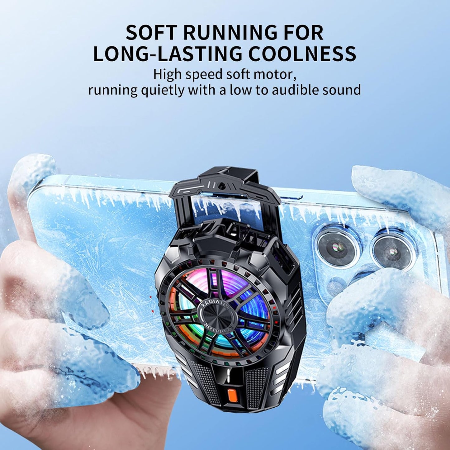 Mobile Cooling device with colorful fan blades held by a hand against a blue background