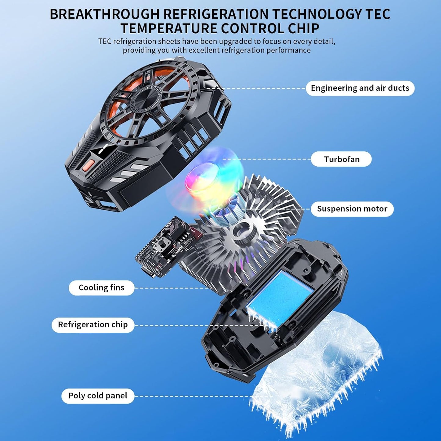 Diagram of a refrigeration technology TEC temperature control chip with labeled components on a blue background.