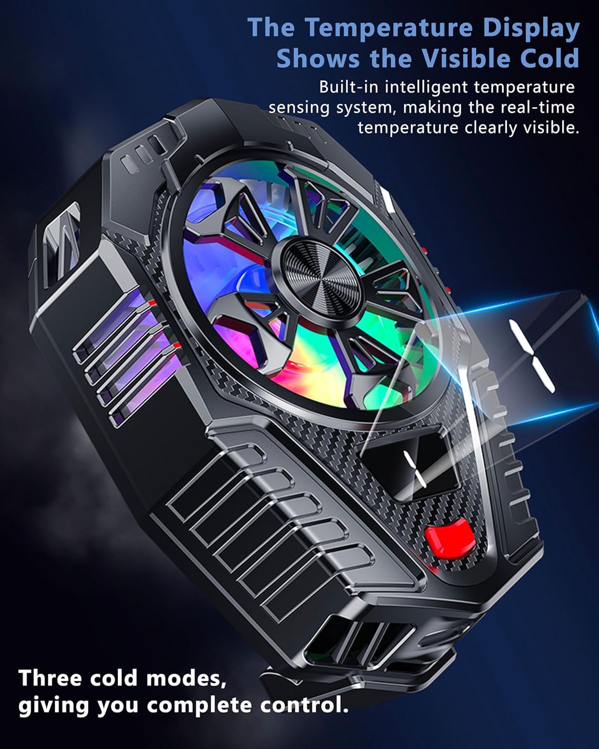 Mobile Cooling Pad with colorful LED display on a dark background