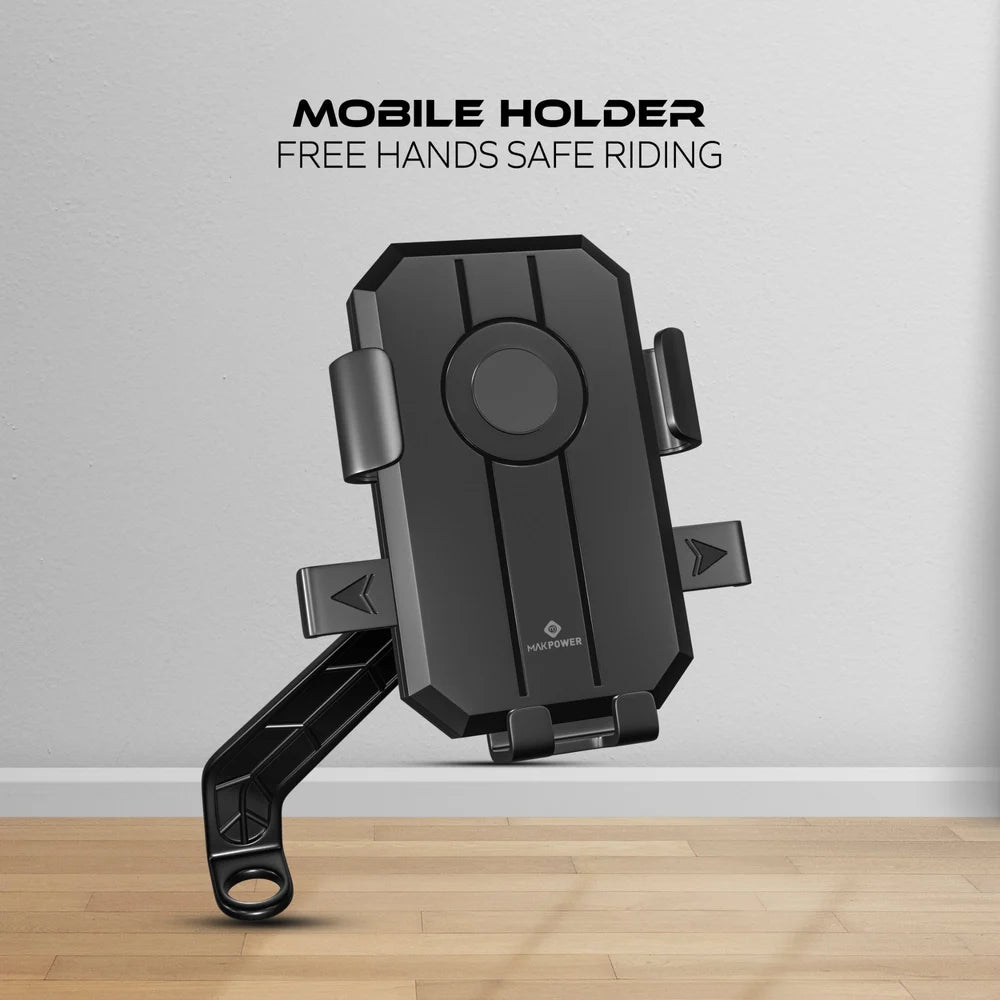Black mobile holder with 'MOBILE HOLDER' text on a gray background