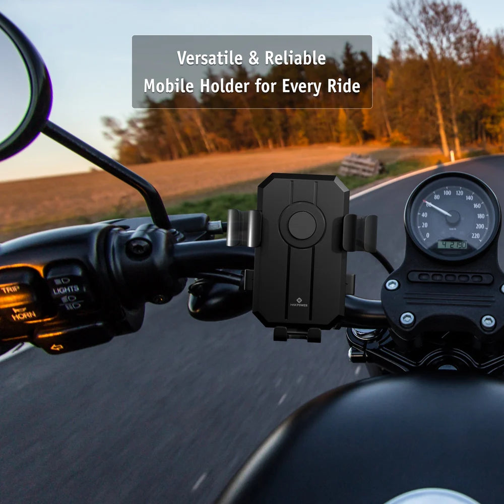 Motorcycle handlebar with a mobile holder and scenic road background