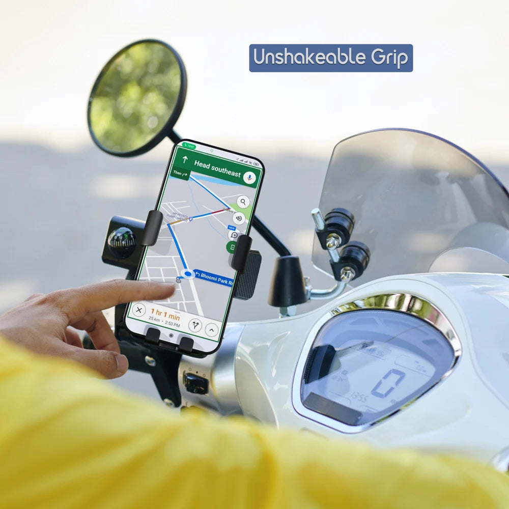 Motorcycle with a phone holder displaying a navigation app, with 'Unshakeable Grip' text above.