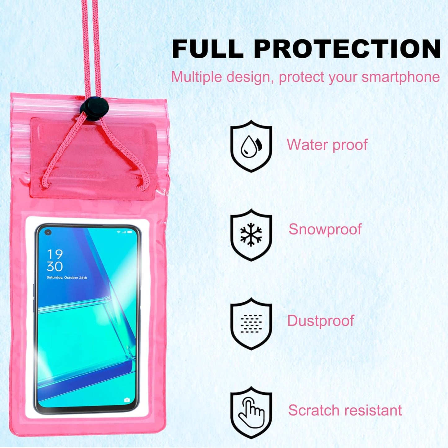 Pink phone case with smartphone display, featuring waterproof, snowproof, dustproof, and scratch-resistant features on a light blue background.