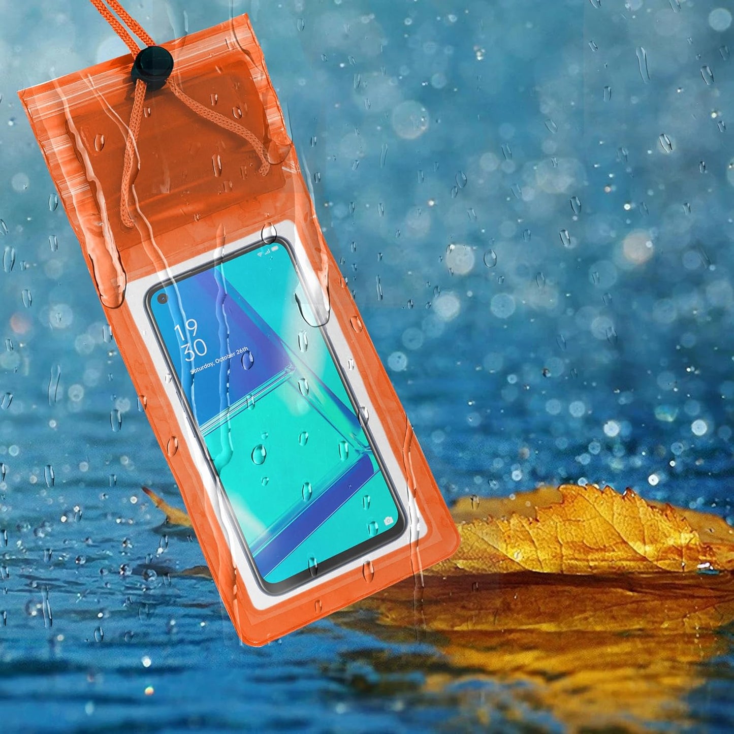 Orange waterproof phone case with a smartphone inside, floating on water with raindrops.