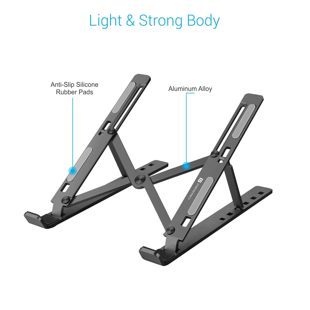 Laptop stand with labeled features on a white background