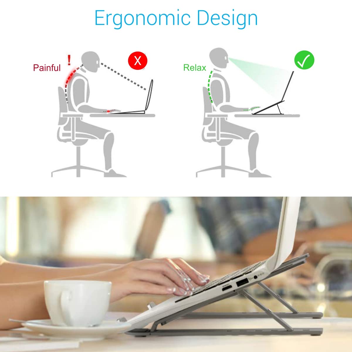 Ergonomic laptop stand with person using it and ergonomic design illustration above.