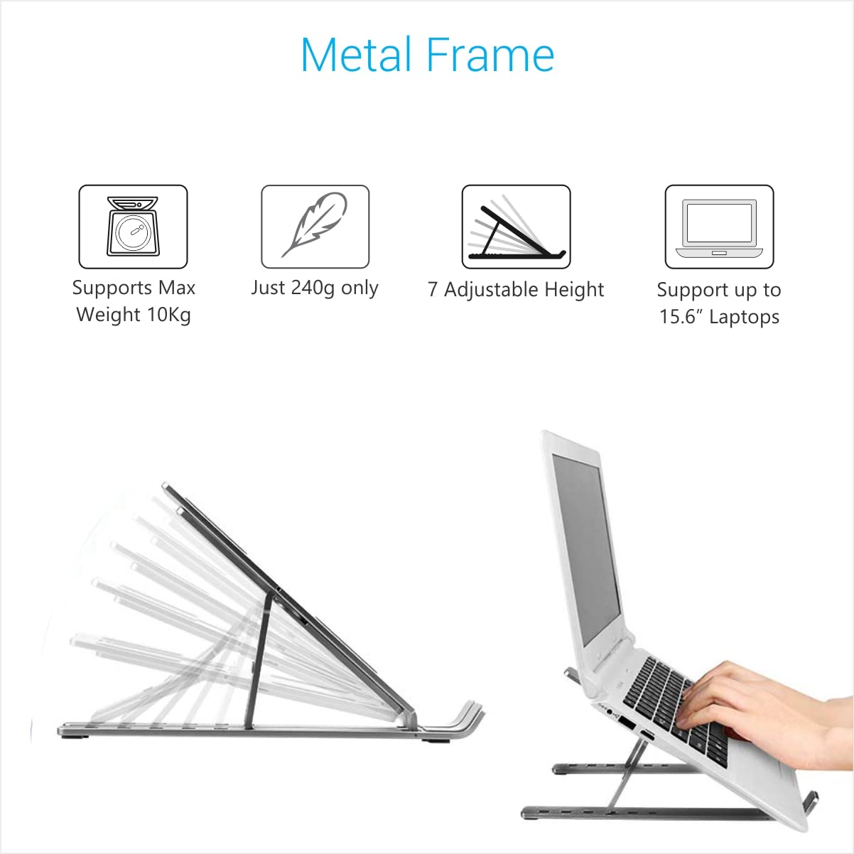 Laptop stand with metal frame features on a white background