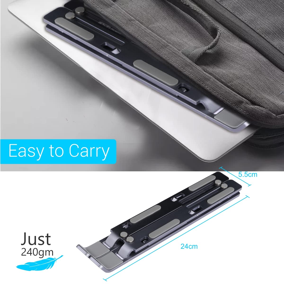 Compact carrying case with a phone inside, labeled 'Easy to Carry' and 'Just 240g', with measurements displayed.