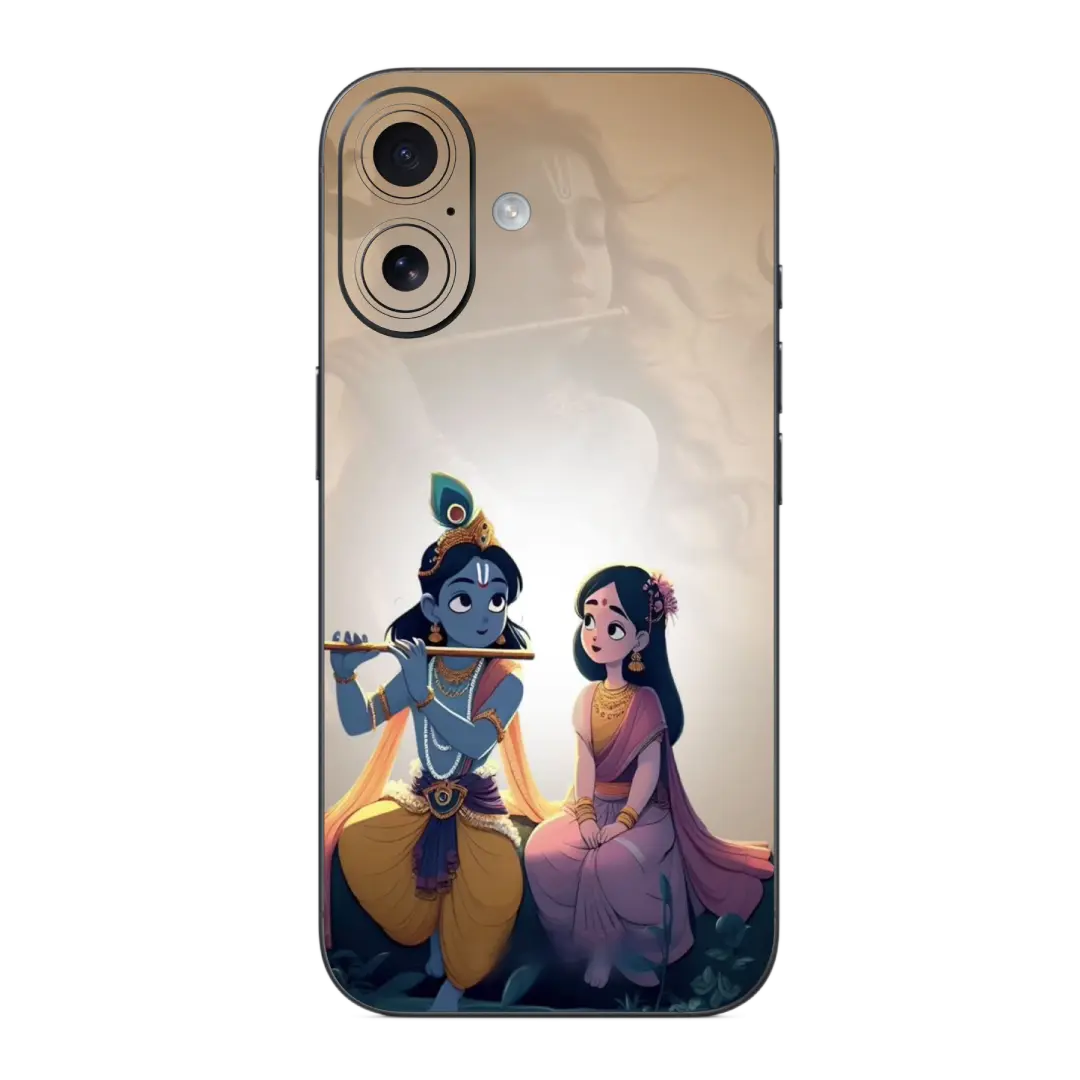 Radhe Krishna Mobile Skin Wrap with illustration of two characters on a beige background
