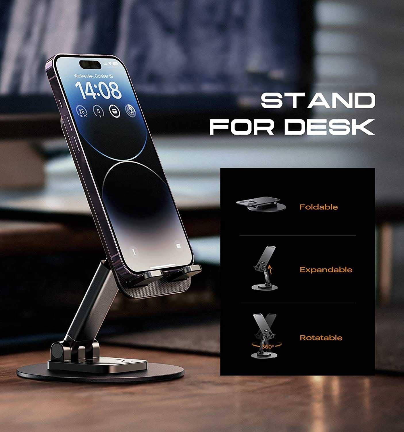 Phone stand on a desk with a phone on top, featuring text 'Stand for Desk' and product features.