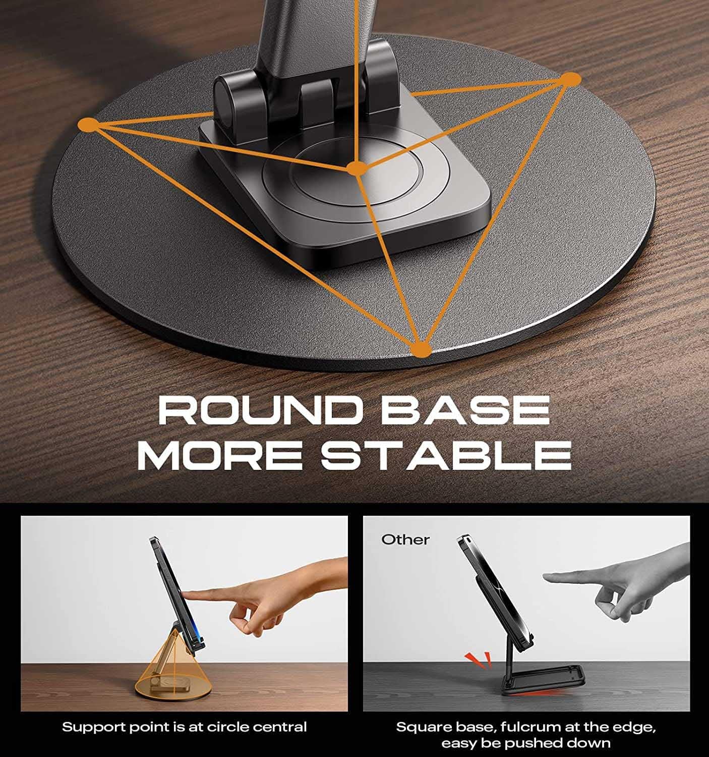 Round base design of a desk stand with stability benefits highlighted.