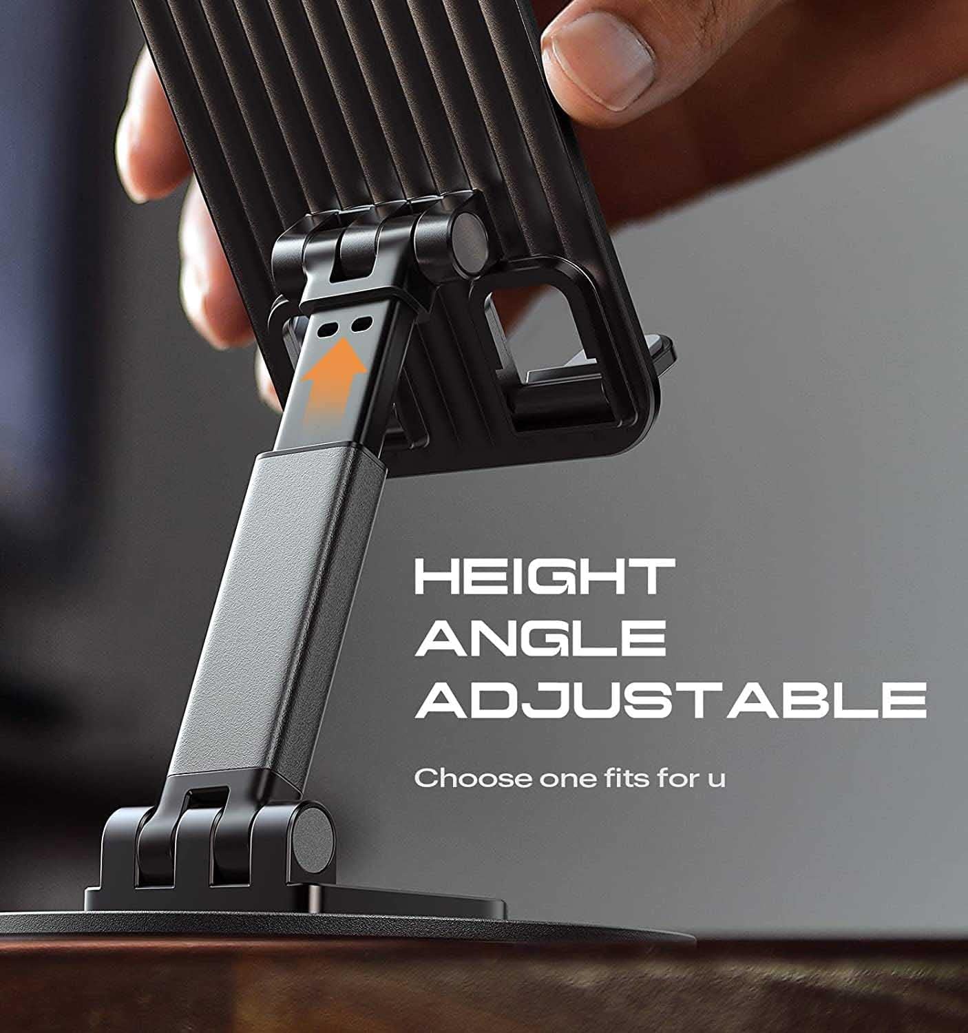 Phone holder with adjustable height and angle on a blurred background