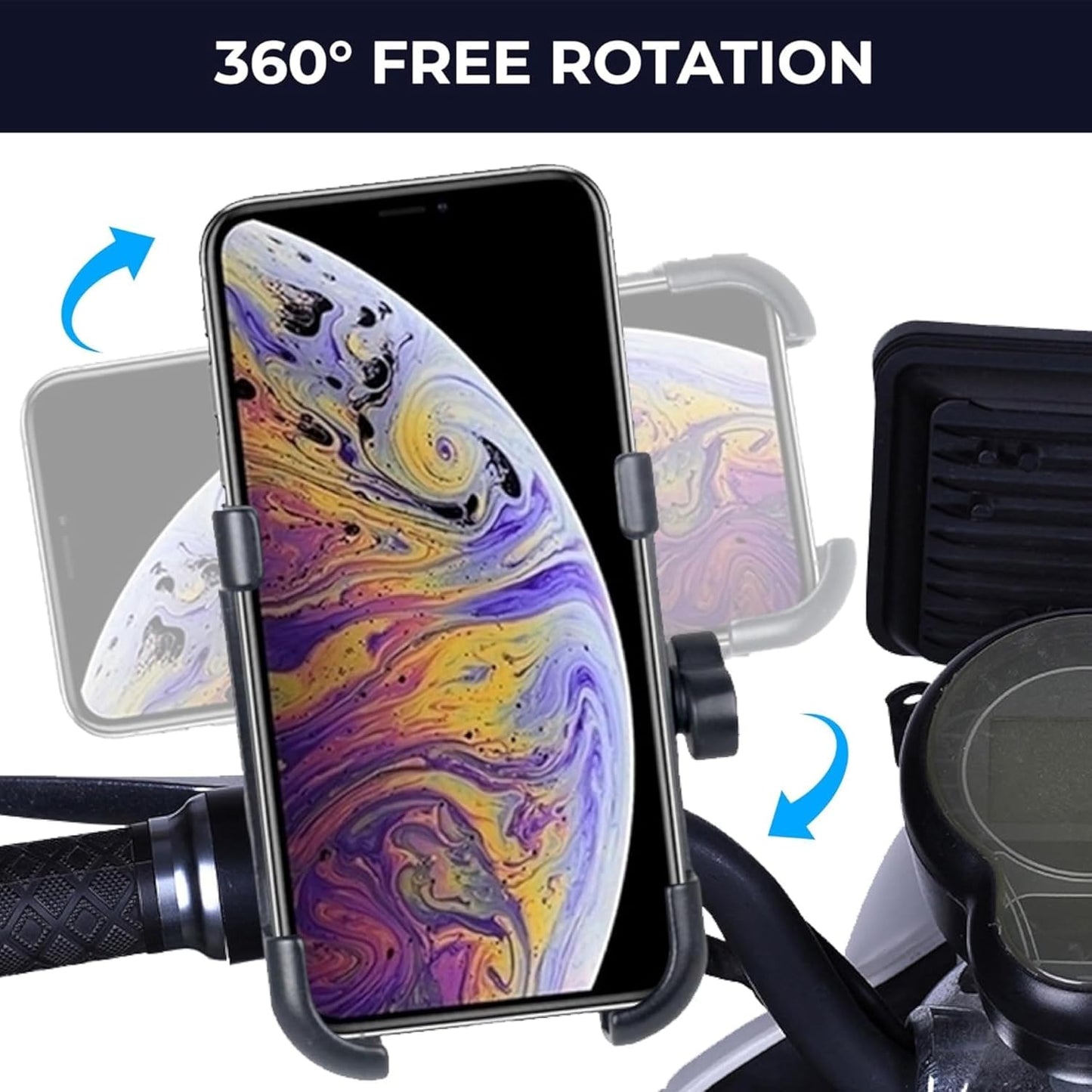 mobile holder for bike with step-by-step instructions and tools on a blue background