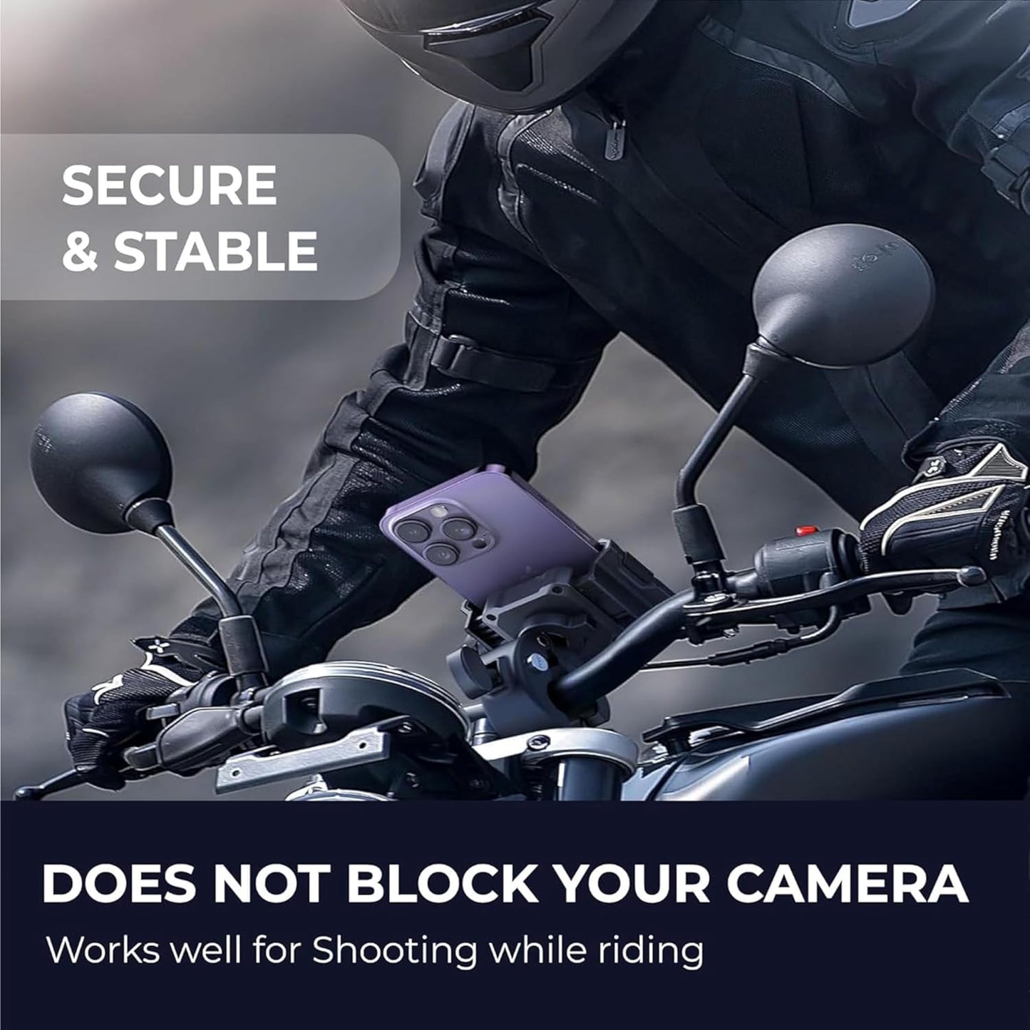 Person on a motorcycle with a phone mounted on the handlebar, text indicating security and stability.