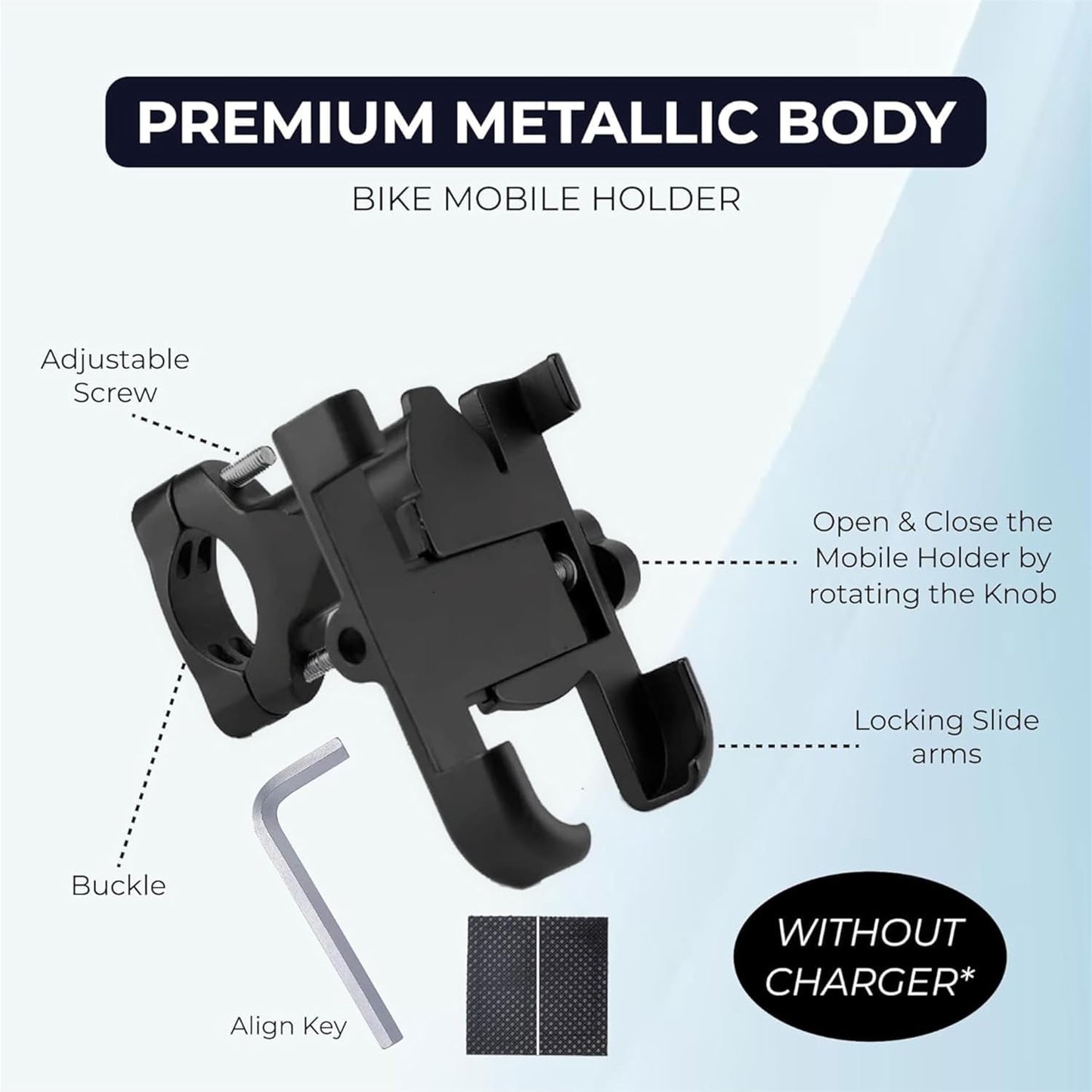 Bike mobile holder with features highlighted on a light blue background