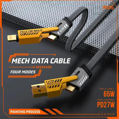 Mechanical data cable with gold connectors on a dark background