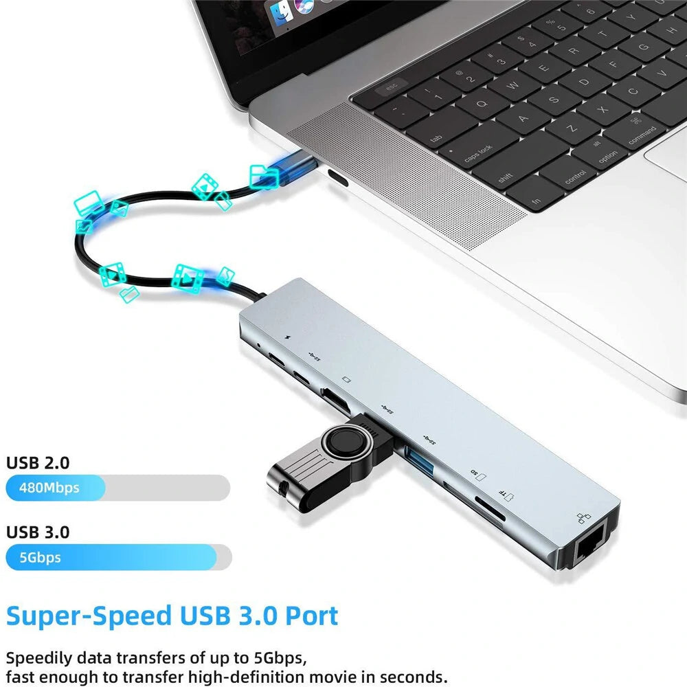 Laptop with a USB hub attached, highlighting USB 2.0 and USB 3.0 ports.
