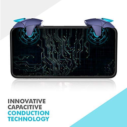 Phone with gaming controller attachments on a white background, featuring text about innovative capacitive conduction technology.