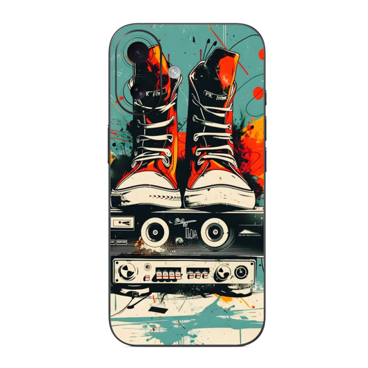 Boots on Stereo Mobile Skin Wrap with high-top sneakers, cassette tape, and abstract design on a colorful background