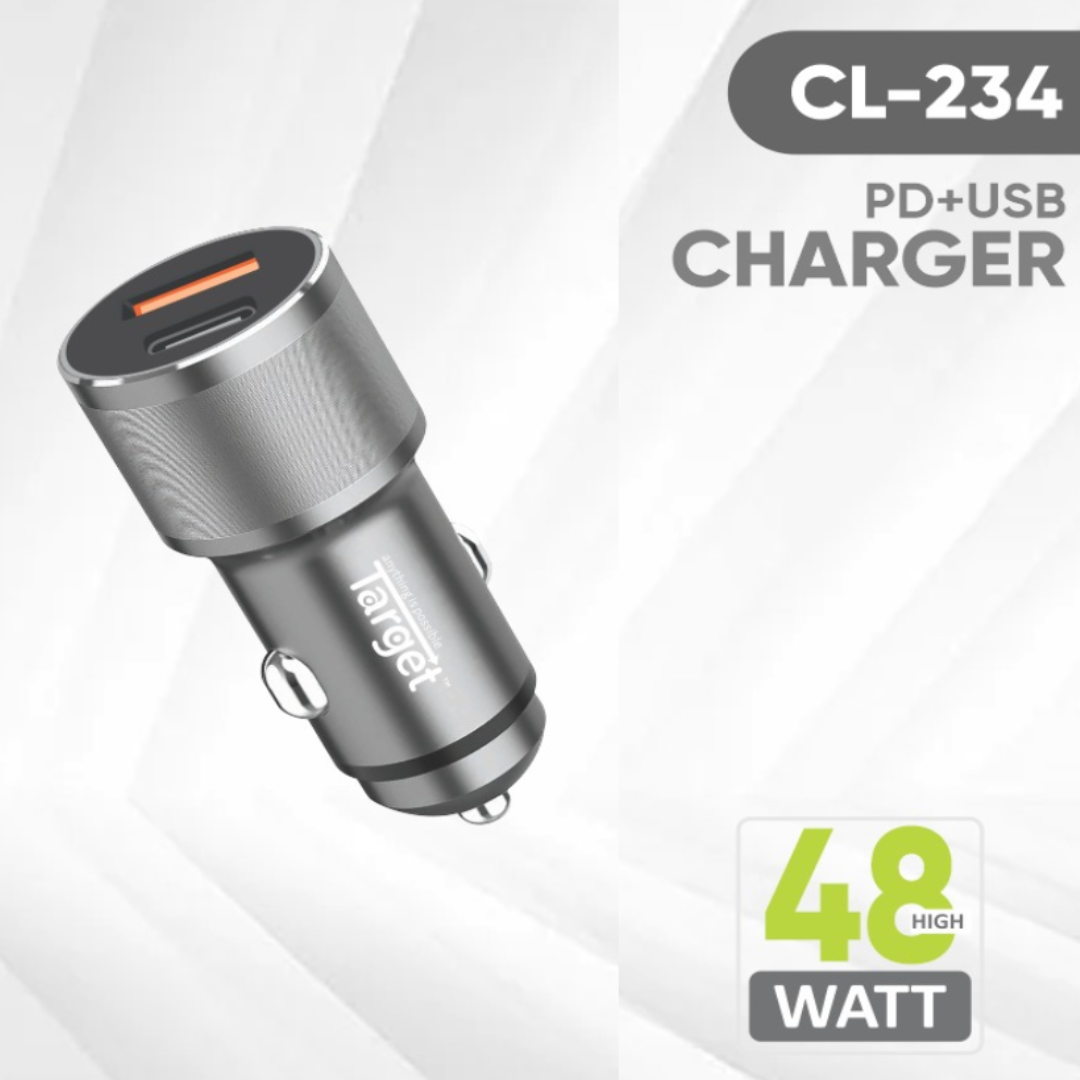 Silver car charger with 'Target' branding on a white background