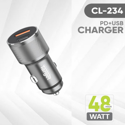 Silver car charger with 'Target' branding on a white background