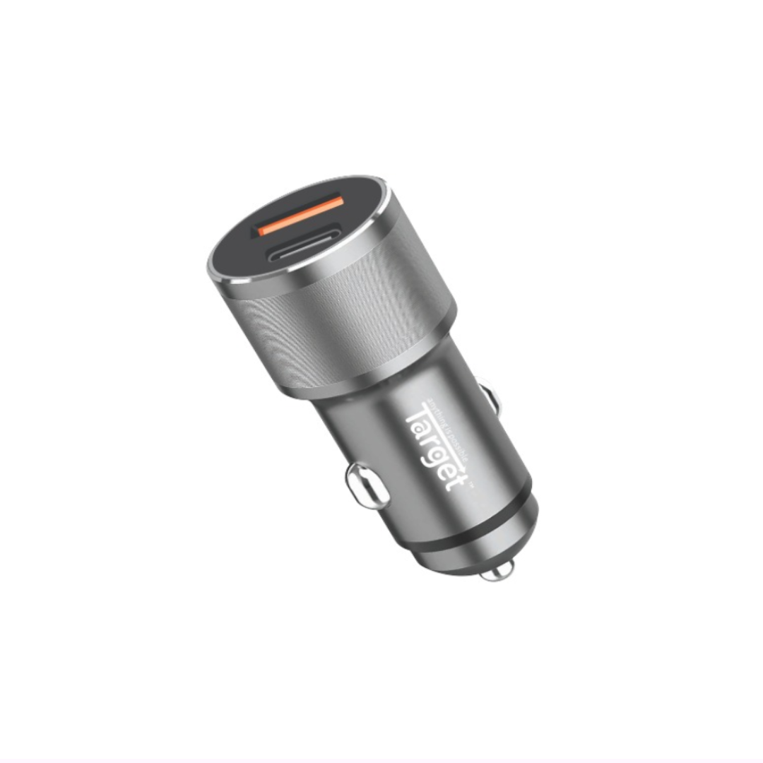 Silver car charger with 'Target' branding on a white background