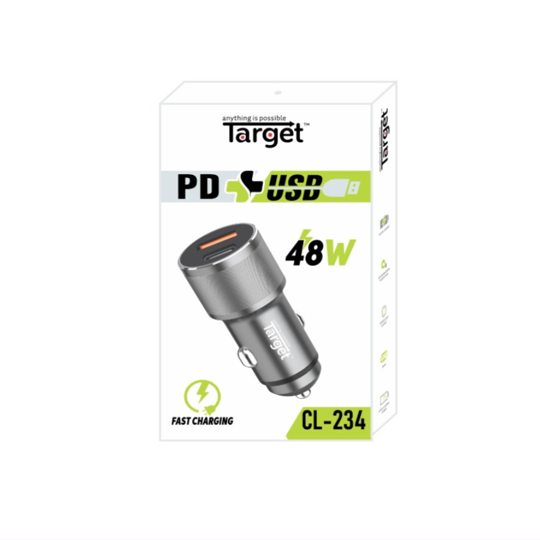 Target branded car charger with PD+ USB-C and 48W on a white background