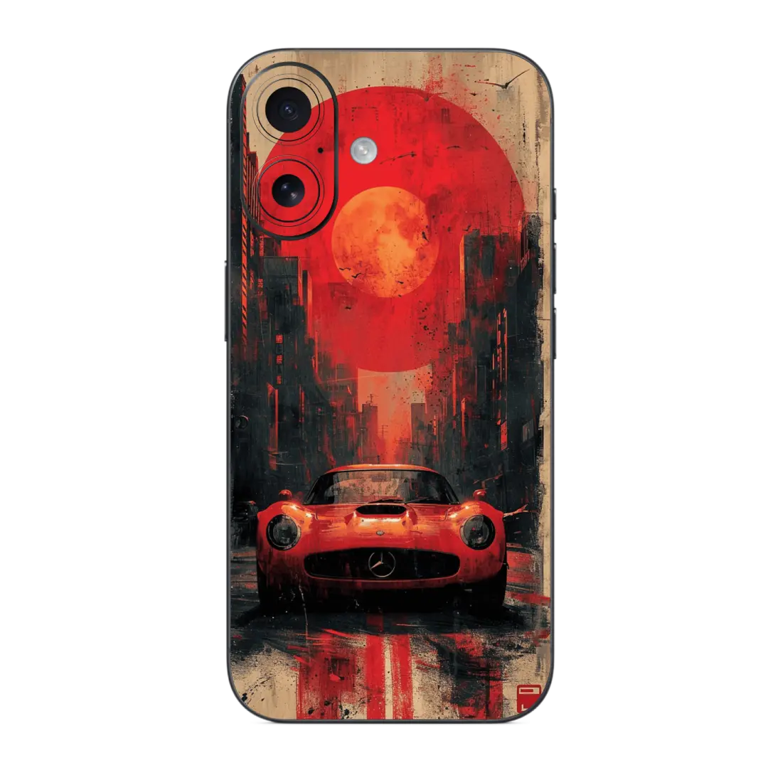 Car on Streets Mobile Skin Wrap with a red car design on a white background